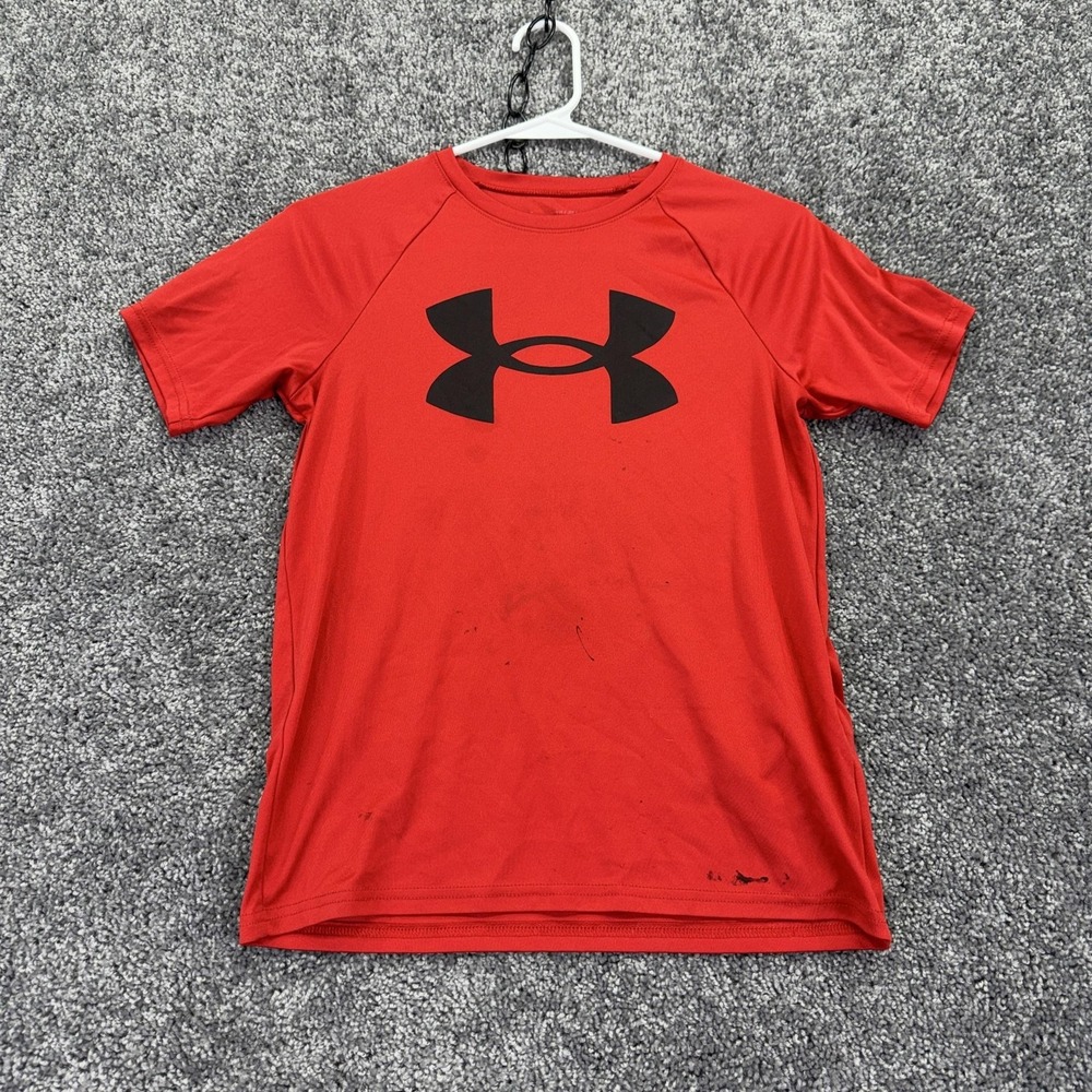 Under Armour Shirt Kids Medium Red Short Sleeve Logo Moisture Wicking Athletic